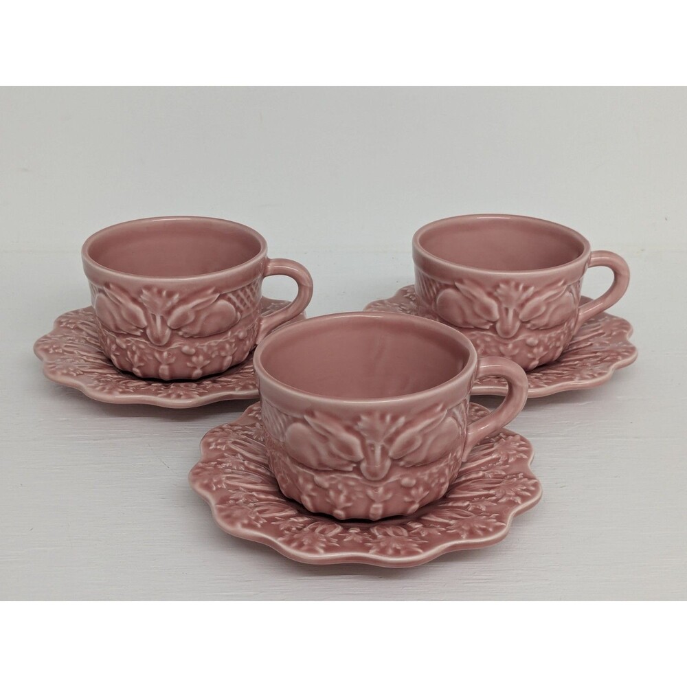 Bordallo Pinheiro Pink Embossed Bunny Rabbit 3 Cups w/Saucers Portugal Easter